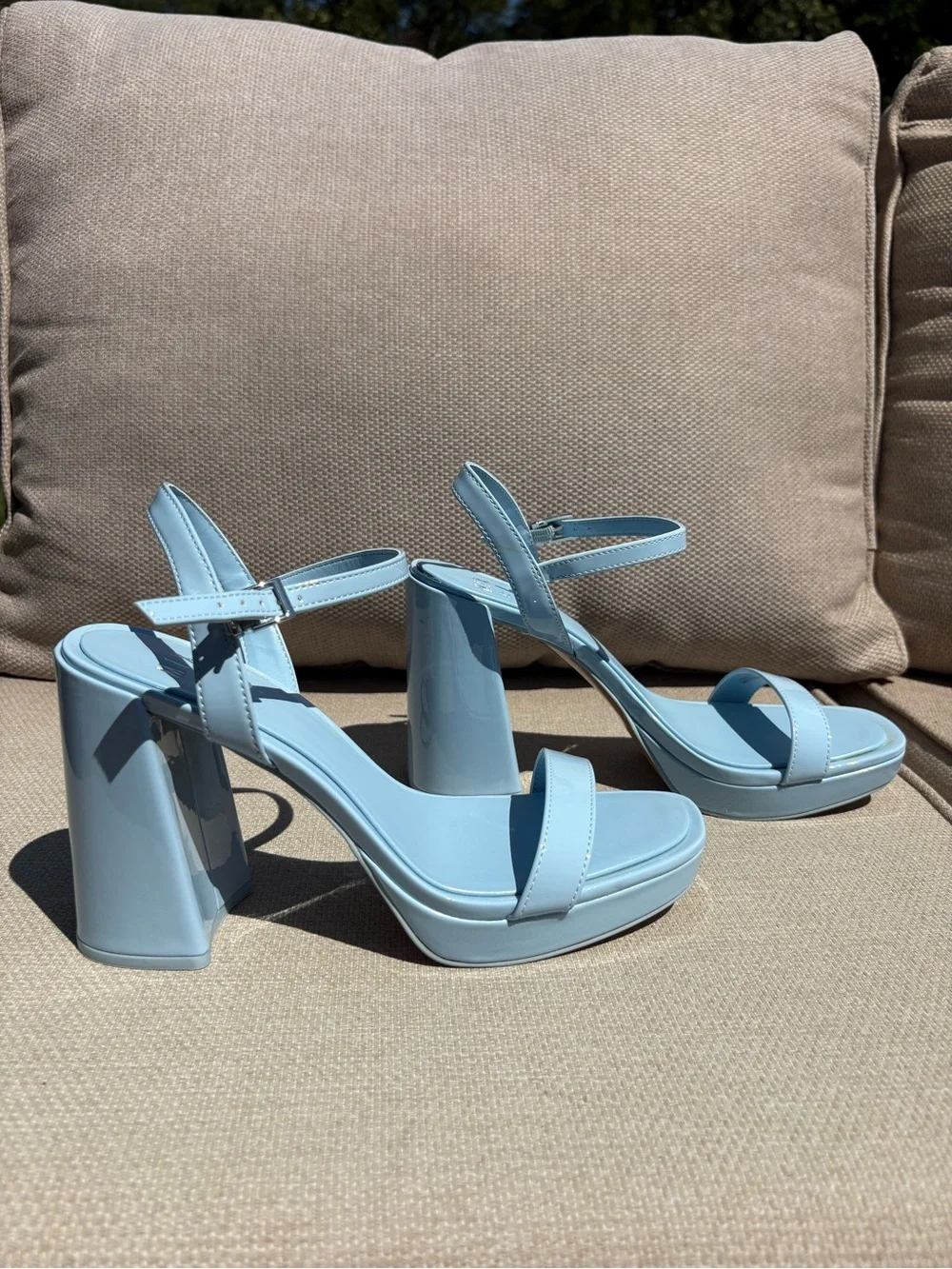 Mix No. 6 Light Blue Patent Platform Block Heel Sandals
